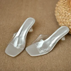 Slip PVC tryloyw ar sliperi sandalau lletem Mewn bysedd traed sgwâr lluniaidd Arian a sawdl flared esgidiau merched lliw metelaidd