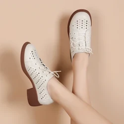 Méid Mór Bróg na mBan Compordach Sandals Leathar Fíor do Mhná Caidéil Hollow Bróga Toe Babhta Loafers Bróga Strap Bán Rom