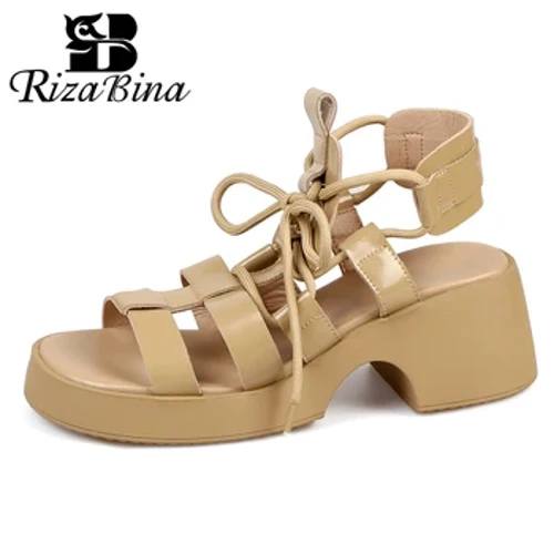 RIZABINA Sandals Samhraidh Mná Fíor-Leathar Strapaí Rom Lása Suas Sála Slíteacha Coisbheart Mná Aonair Bog Tiubh Bróga Ding Ócáideacha