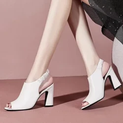 Giày Mở Gót Mùa Hè 2023 Màu Be Gót Med Peep Toe Đen Trung Bình Thấp Khối Thoải Mái Mới Thời Trang Bé Gái thun Rom