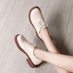 Chaussures à bout rond blanches et marron pour femmes, mocassins d'hiver en cuir véritable à talons bas, élégants et confortables avec sangle Rom
