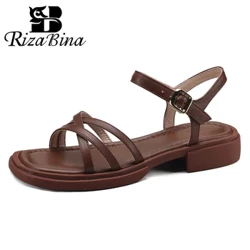 RIZABINA Casual Sandaler For Kvinner Ekte Skinn Firkantet Toe Rom-stropper Spenne Sommer Flats Dame Gladiator Sko Retro Mote
