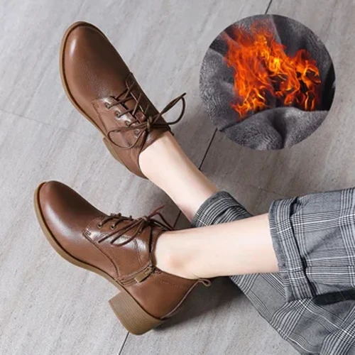 Dame Vintersko Dame Loafers Ekte skinn Rund tå Sko Brune hæler Dame Pumps Boots Moccassin Rom Strap Pels 41 42
