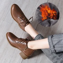 Esgidiau Gaeaf Merched Loafers Merched Lledr Ddiffuant Esgidiau Toe Crwn Shodlau Brown Pympiau Merched Boots Moccassin Rom Strap Fur 41 42