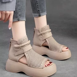 Sandals Gladiator Nua na mBan 2023 Faisean Zipper Wedge Neamh-duillín Mná Bróg Samhraidh Ócáideach Ardán Donn Oscailte Sandals Rómhánacha