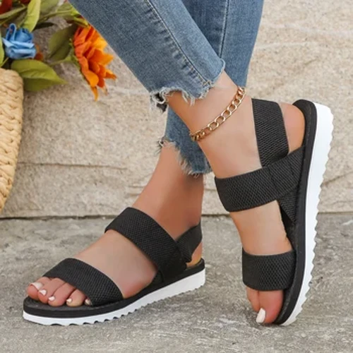 Tendencia de la moda femenina Anti-slip Wear Color a juego cómodo Solón negro puro Sandalias planas