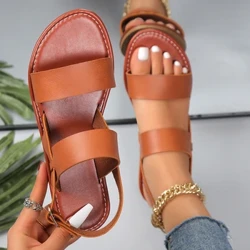 Sandalau Fflat Merched 2023 Strap Croes Lledr Rhufain Arddull Ansawdd Uchel Merched Haf Esgidiau Bwcle Strap