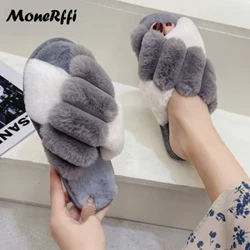 Vinter Fluffiga Tofflor Dammode Cross Fur Tofflor Hem Rutschbanor Plattform Platt inomhusgolv Flip Flops Dam Damskor 2023