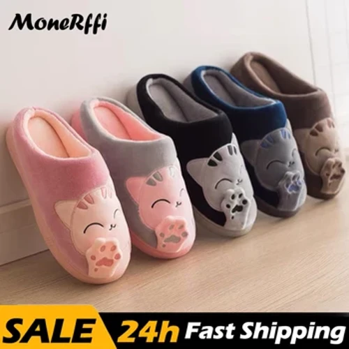 Koppel Wanter Doheem Slippers Frae Cute Cartoon Cat Slippers Männer Schong Warm Plüsch Rutschen Indoor Schlofkummer rutschlos Buedem Slipper