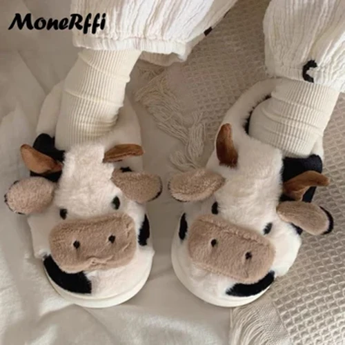 Kawaii inek terlik kadın ayakkabı kışlık terlik kapalı ev ayakkabıları sıcak peluş terlik erkekler çiftler ev slaytlar platformu ayakkabı