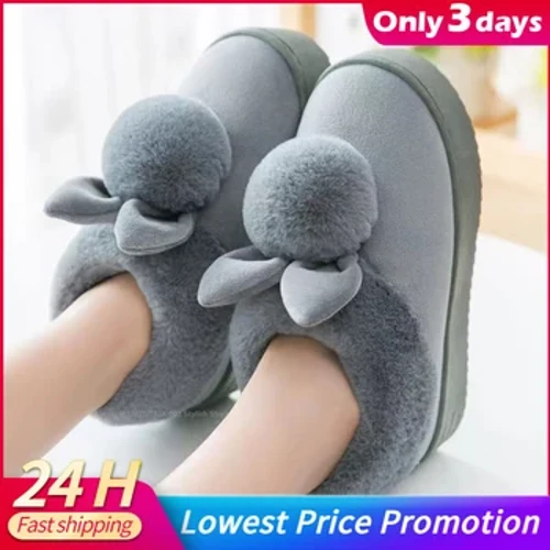 Pantofole da donna carine Pantofole soffici piatte in cotone autunno inverno Pantofole in pelliccia per interni con orecchie di coniglio in cartone animato Scarpe morbide e calde in peluche