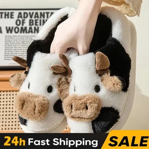 Wanter Warm Slippers Indoor Déier Fluffy Plüsch Doheem Slippers Fraen Männer Schong Kawaii Cute Cat Déck Plattform Cartoon Cow Rutschen
