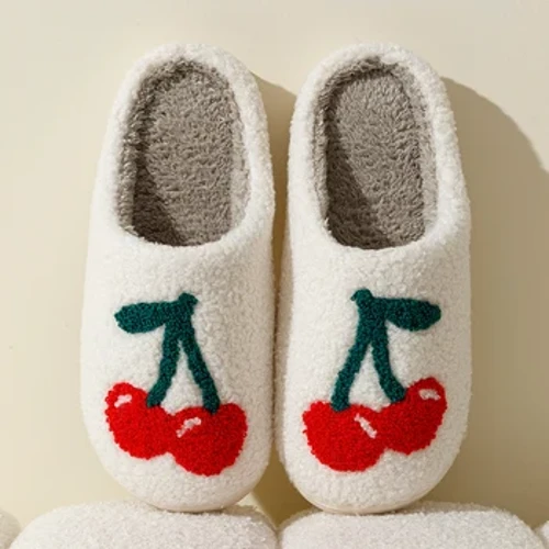 Sandal Omah Mewah Cherries Super Cute kanggo Wanita, Sepatu Omah sing Nyaman, Slide Slip-on Flat, Platform, Sandal Musim Dingin