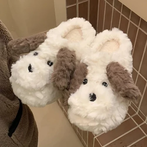 Pantoufles courtes en peluche avec chien mignon pour femmes, chaussures d'hiver chaudes en coton et fourrure pour Couples, pantoufles confortables pour chambre à coucher d'intérieur