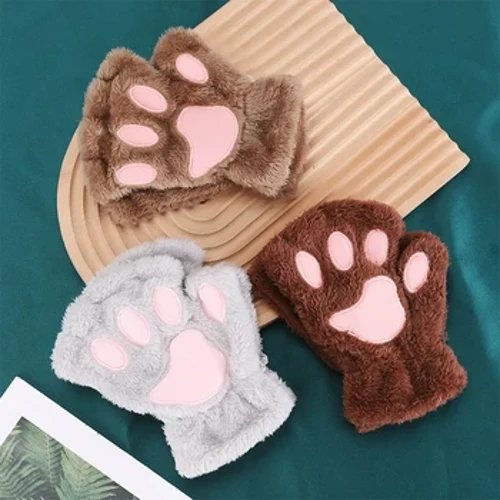 Babaeng Cute Cat Claw Paw Plush Mittens Warm Soft Plush Short Fingerless Fluffy Bear Cat Gloves Costume Half Finger Party Gift