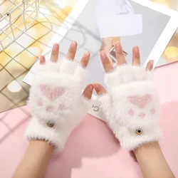 Merched Merched Gaeaf Hyfryd Gaeaf Cynnes Menyg Bysedd Merched Arth blewog Cath Plush Paw Crafanc Hanner Bys Menig Mittens Anrhegion Newydd