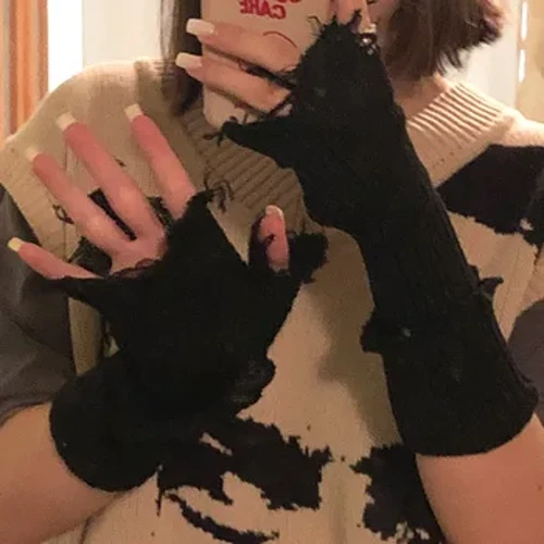 Goottilainen Lolita Broken Holes Neulotut Sormettomat Pitkät Käsineet Unisex-persoonallisuus Käsineet Käsineet Goth Punk Street Käsivarsienlämmittimet