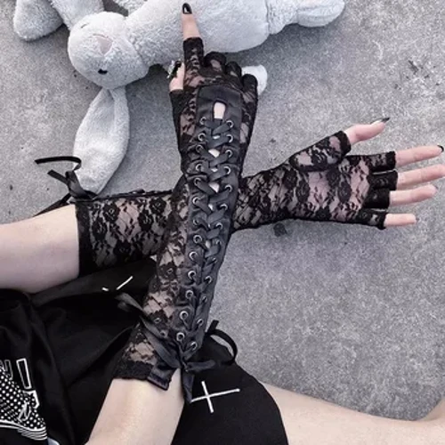 Subkultur Gotisk Lolita Bandage Albuelængde Halvfingerhandsker Kvinder Sexet Blomsterblonde Sorte Fiskenet Vanter Cosplay Lang Handske