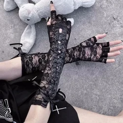 Fochultúr Gotach Lolita Bandage Elbow Fad Leath-mhéara Lámhainní Mná Lása Bláthanna Sexy Black Fishnet Mittens Cosplay Glove Fada