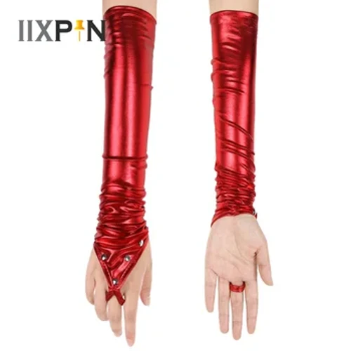 Phụ Nữ Wetlook Bằng Sáng Chế Găng Tay Da Kim Loại Ngón Tán Tỉnh Găng Tay Dài Có Đinh Tán Cho Câu Lạc Bộ Đêm Dancewear Dự Tiệc