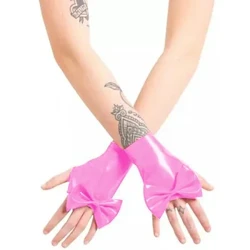 Plus Size Gothic PVC fingerlösa korta handskar Lady Bowknot Dekor Handkläder Nyhet Cosplay Tillbehör Wetlook Söta handledshandskar
