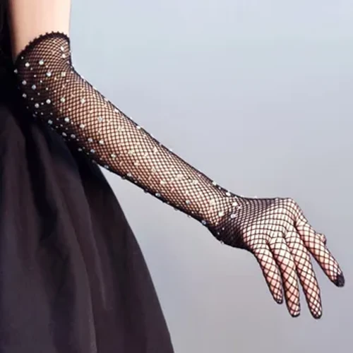 Gants longs en résille et strass pour femmes, Sexy, extensibles, diamant Flash, doigt complet, en maille Ultra-fine, mitaines de Costume de fête exotique