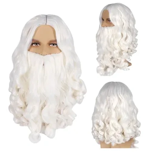 Kerstmis Cosplay Synthetische Pruik Lang Haar Witte Kerstman Baard Pruik Unisex Mannen Vrouwen Feestjurk Up Accessoires