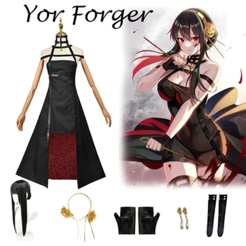 Anime Spy X Ailesi Yor Forger Cosplay Peruk Elbise Takım Elbise Assassin Gotik Siyah Kırmızı Etek Kıyafet Üniforma Yor Briar Küpe Uzun Saç