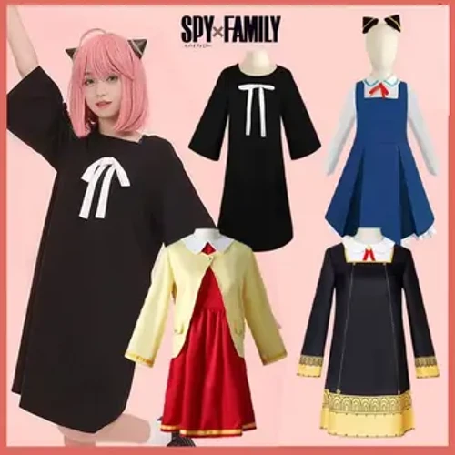 Spy Family Cos Dress Ania Flickkläder Gul Blå Svart Vit Cosplay Dagsklänning