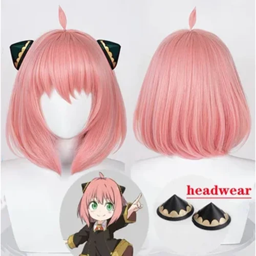 Anime Spy X Perhe Anya Forger Cosplay Peruukit Tytöt Vaaleanpunaiset Lyhyet Hiukset Asusteet Hiusneulat Lämmönkestävä Kuitu Hiukset Peruukki Lippalakki