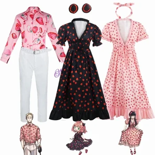 Anime Spy X Family Yor Anya Loid Forger Cosplay kostum Pink Strawberry Dress T Shirt Hawaii Vacation Par Match Outfit Summer