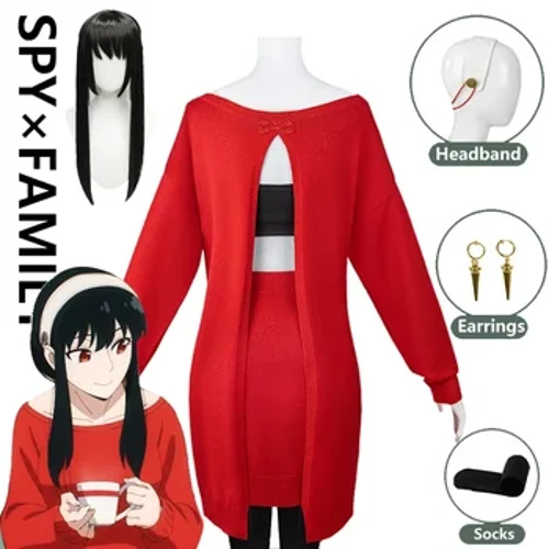 Anime SPY × GIA ĐÌNH Yor Forger Trang Phục Hóa Trang Yor Briar Áo Len Đỏ Kèm Giày Tóc Giả Và Vũ Khí Đạo Cụ dành Cho Nữ Bé Gái