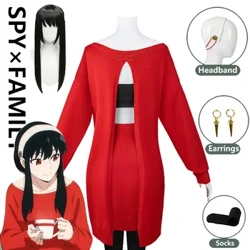 Anime SPY × FAMILY Yor Forger kostiumy Cosplay Yor Briar czerwony sweter sukienka z butami peruka i rekwizyty z bronią dla kobiet dziewcząt