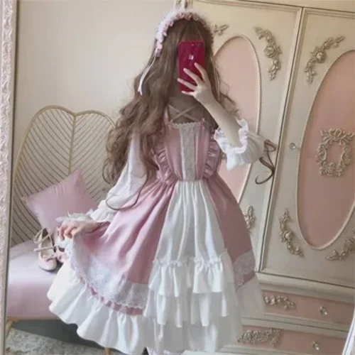 ʻO Alice In Wondeland ʻO nā wahine ʻoluʻolu Lolita OP ʻaʻahu Flouncing Lace Trim Japanese Harajuku Lōʻihi lima Doll ʻAʻahu ʻōpio Fairy Vestidos