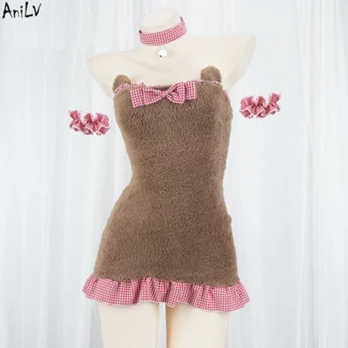 AniLV Musim Dingin Hangat Gadis Lucu Plush Bear Gaun Wanita Kucing Kotak-kotak Pembantu Lolita Unifrom Pakaian Kostum Cosplay