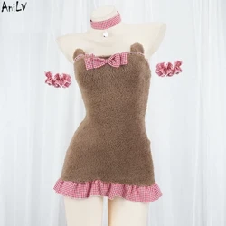AniLV Talvi Lämmin Söpö Tyttö Pehmo Karhu Mekko Naiset Kissa Ruudullinen piika Lolita Unifrom Asut Asut Cosplay