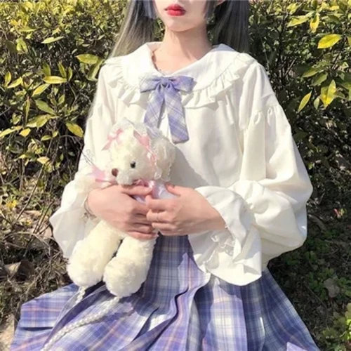 Crys Melys Gwyn Japaneaidd Crys Dol Kawaii Coler Dol Lolita Crys Llewys Hir Myfyriwr Crys Gwisg Jk 2022 Top Lolita Gwyn Newydd