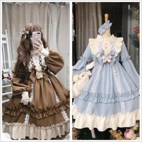 Långärmad björnrosett detalj Lolita långärmad klänning Lolita klänning komplett set Ny lös Lolita klänning OP Långärmad dam