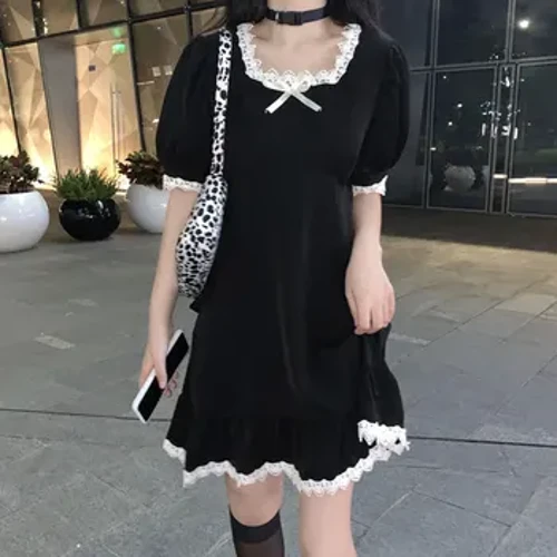 Lolita ko'ylak Shirin yoqimli Kawaii qizlar xizmatchi Vintage Ruffles ko'ylak Ayollar Viktoriya Gothic Steampunk Puff yengi dantelli Lolita liboslari