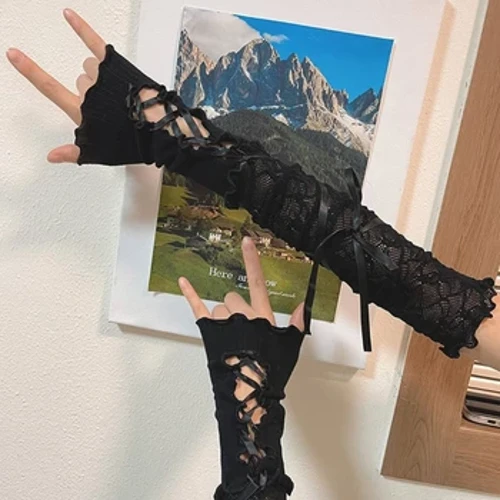 Lolita Floral Lace Mīkina lima Kuʻekuʻe lōʻihi no ka ʻaʻahu Lace-up Arm Warmer no Comic Con Cosplay Photography Props
