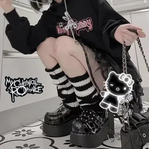 Y2k Goth Lolita Meisjes Gestreepte Gebreide Beenwarmers Japanse Gothic Lange Sokken Damesleggings Slobkousen Knie Gebreide Manchetten Enkelwarmer