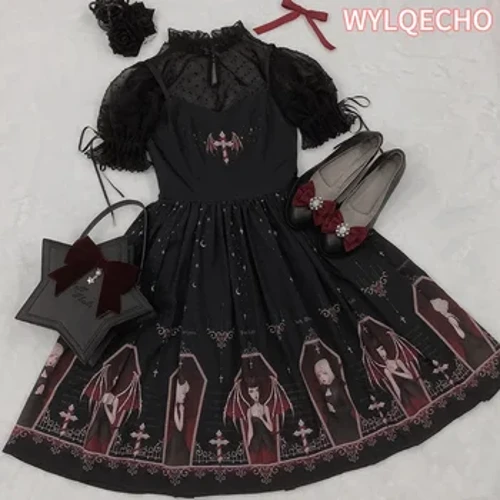 Ingubo Emnyama Ye-Gothic Devil Print Ingubo Emnyama Yesitayela SaseJapane U-Lolita Jsk Igqoko Le-Victorian Suspender Loli Izingubo Ezinhle Zebhande Ze-Goth Ezimnandi