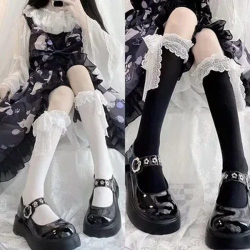 Lolita Dantel Ilmek Yumuşak Kadife Uzun Çorap Cos Kawaii JK Kızlar Diz Yüksek Fırfır Çorap Kadın Seksi Dantel Kenar Orta Tüp Çorap