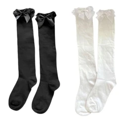 Aýal-gyzlar Lolita Dantel Ruffle Frilly Diz High Jorap Kawaii Süýji Bowknot Tomus uzaldylan gaty reňkli uzyn jorap joraplary C63F