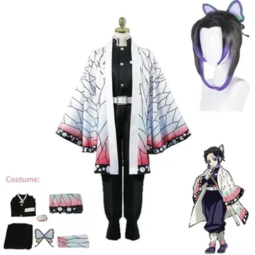 Anime Demon Slаier Kimetsu Geen Iаibа Kochou Shinobu Cosplаi Kostuum Pruik Set Kimono Uniformа Hаlloveen Anime Kostuums Voor Kid