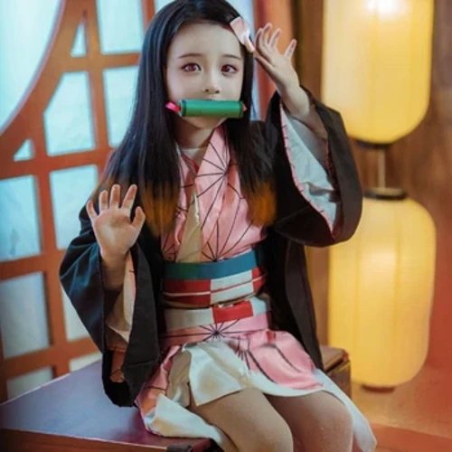 Anime Kamado Nezuko Cosplay Kostym Demon Slayer Kimetsu Inga Yaiba Kostymer Kimono Haori Peruk Träskor Kostym för vuxna barn Halloween