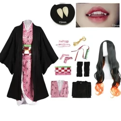 Anime Kimetsu No Yaiba Kamado Nezuko Cosplay Costume Kimono Demon Slayer Cosplay Wigs Hair Halloween Carnival Women Outfit