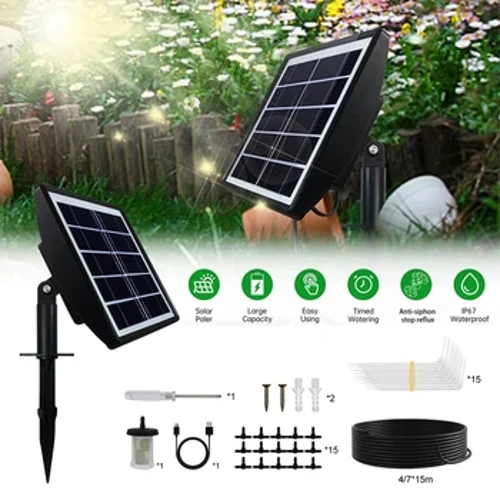 Solar Drip Irrigation Kit Anti-siphon Solar Powered 1-600s Timer Automatic Irrigation System para sa Indoor Garden Balcony 15 Pot