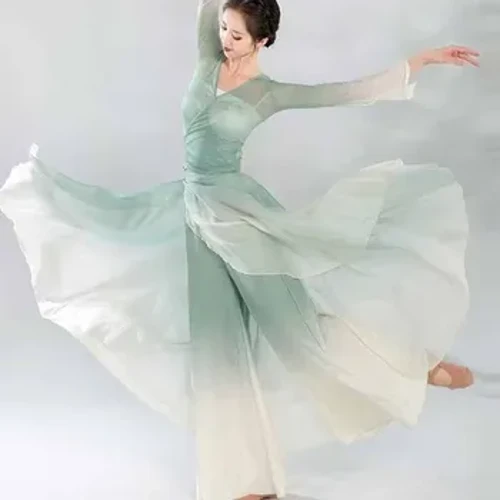 Vũ công cổ điển trang phục biểu diễn thanh lịch cardigan quần áo luyện tập vần điệu cơ thể dài gạc bên ngoài phong cách Trung Quốc múa dân gian