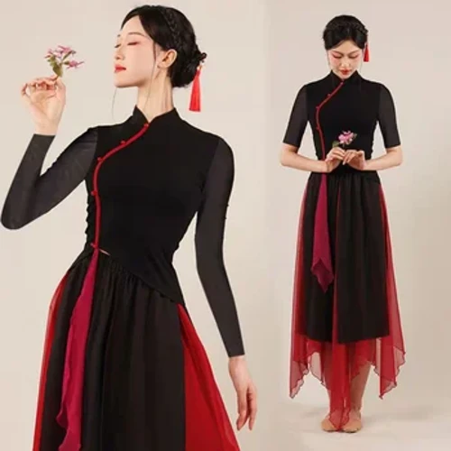Moda ayollar xitoy xalq raqslari liboslari sahna koʻrinishidagi liboslar oʻrta uzunlikdagi qisma koʻylak Xitoy raqs liboslari